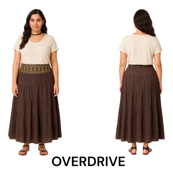 OVERDRIVE | Maxi Skirt Embroidery/Sequin Waistband Flowy | Brown | Plus Size 1X - Picture 1 of 7